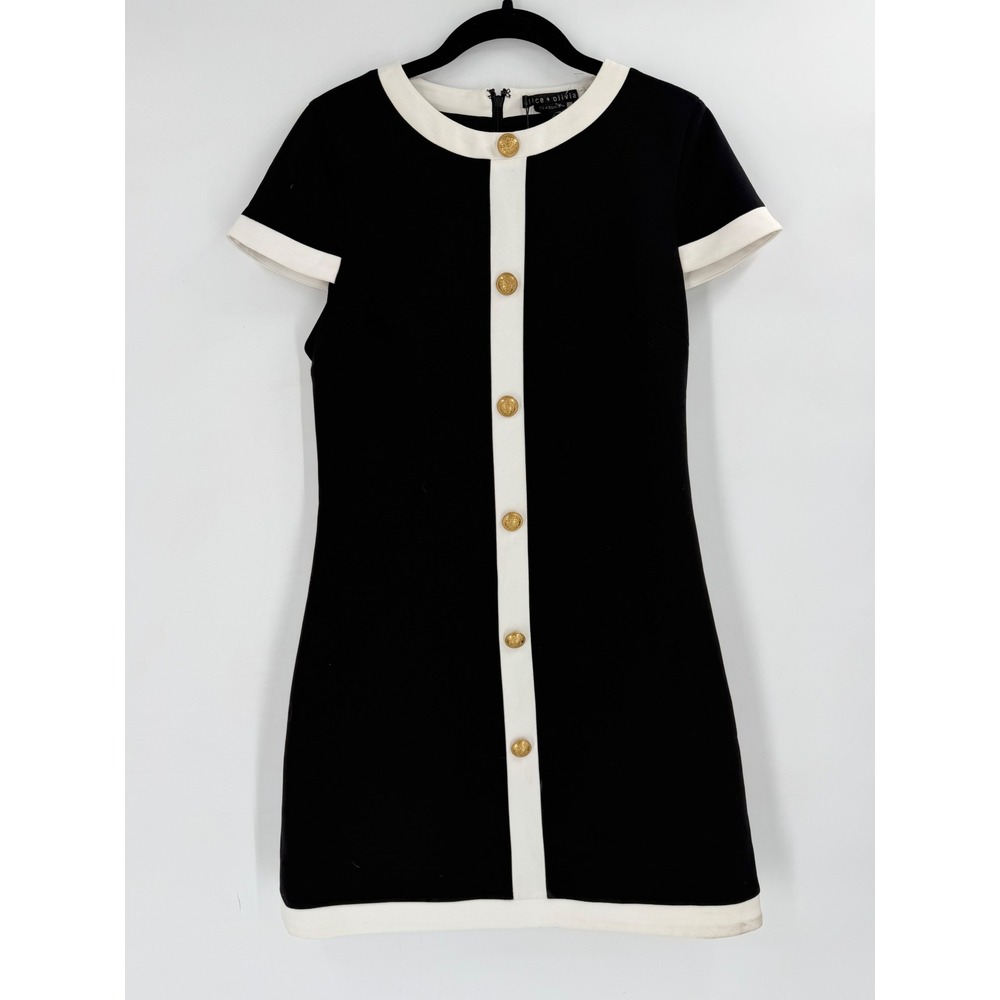 NWT Alice + Olivia Mini Dress Size 4 Black Gold Button Old Money Quiet Luxury - Picture 2 of 16
